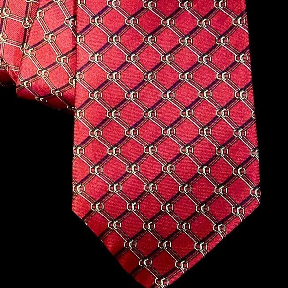 Dior Mid Century Modern Neckwear Tie 100% All Silk Red Fence Plaid Silver Gray - Picture 1 of 4